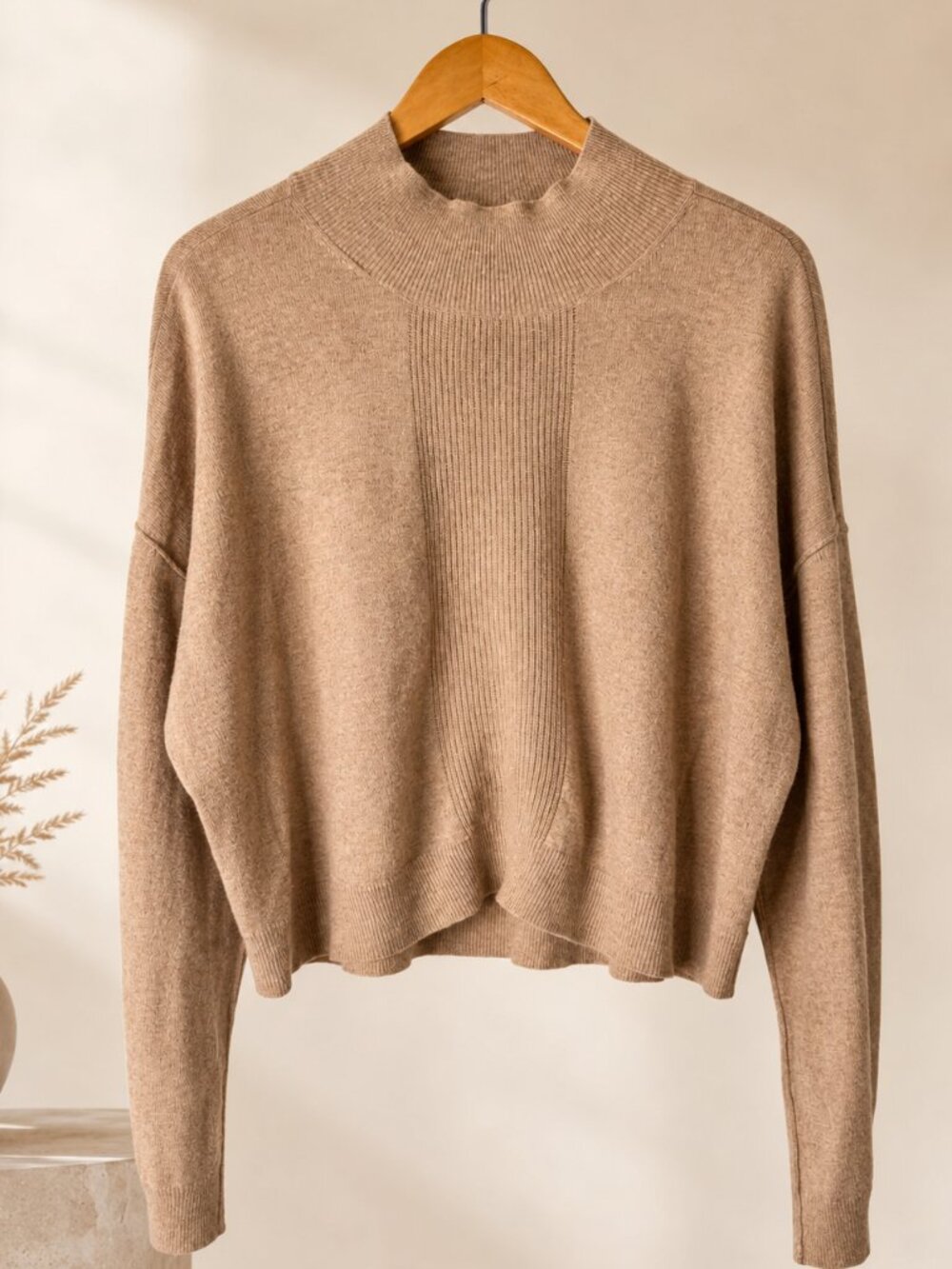 ATM Anthony Thomas Melillo Mock Neck Wool Cashmere Sweater Sandy Tan Large